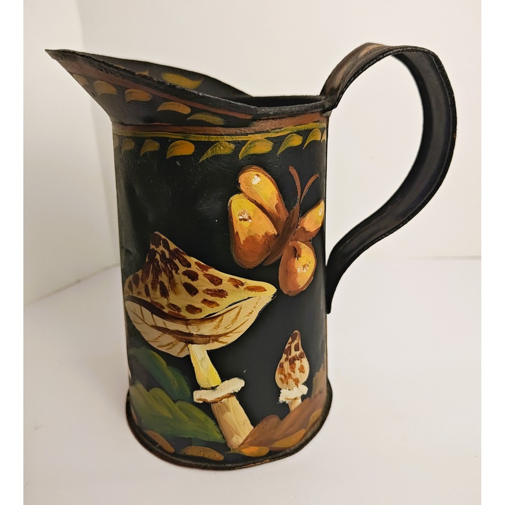 Vintage Hand Painted Metal Toleware Pitcher Mushroom Butterfly Folk Art
